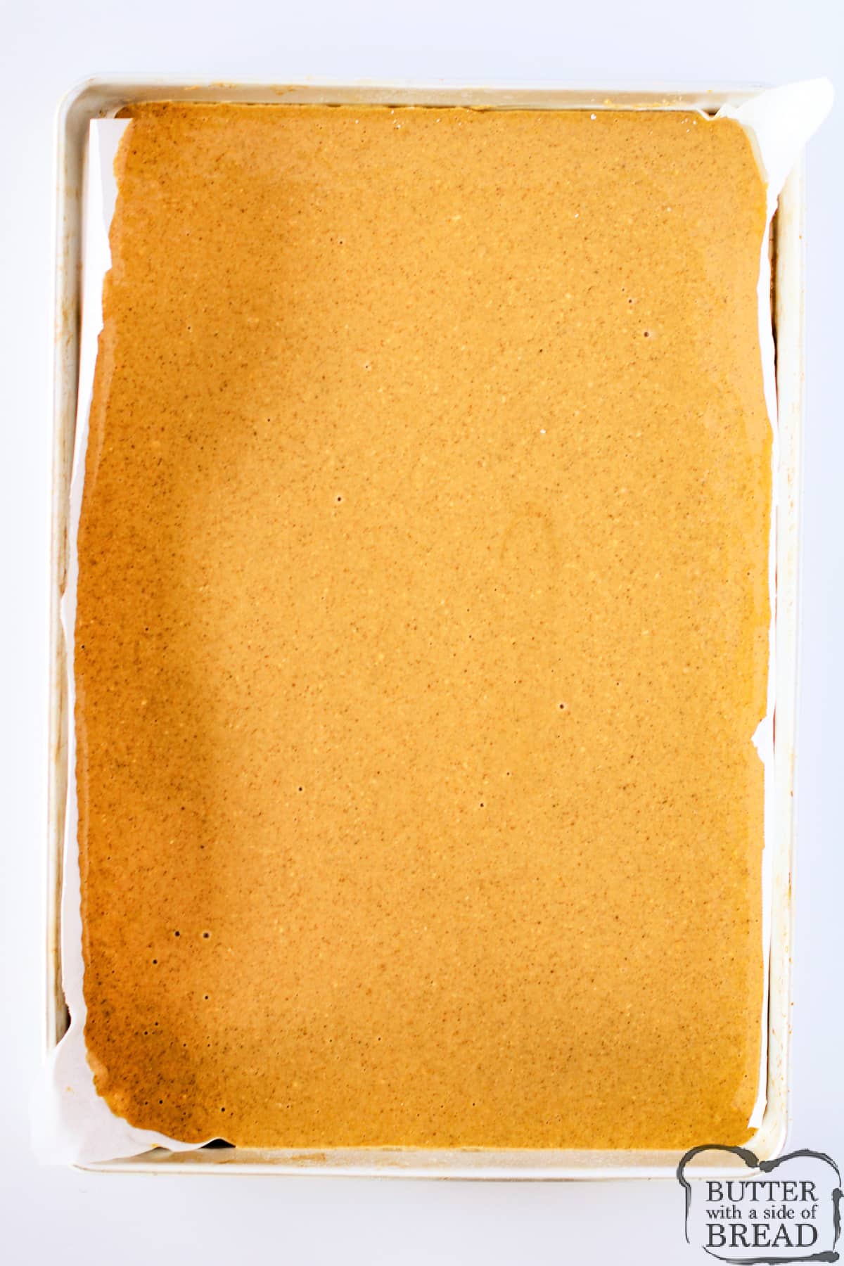 Pancake batter in a jelly roll pan.