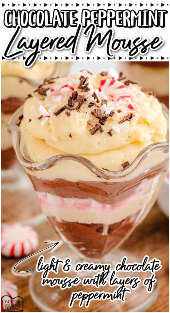 Peppermint Chocolate Mousse that's stunningly delicious & perfect for holiday parties! This holiday dessert features easy-to-make peppermint white & dark chocolate mousse layered with crushed candy pieces.