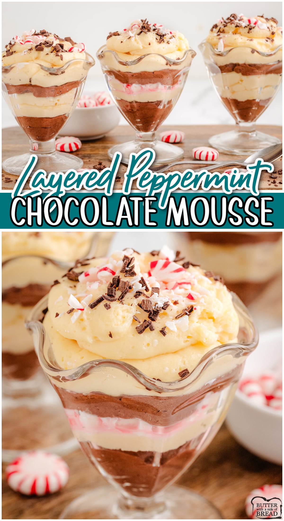 Peppermint Chocolate Mousse that's stunningly delicious & perfect for holiday parties! This holiday dessert features easy-to-make peppermint white & dark chocolate mousse layered with crushed candy pieces.