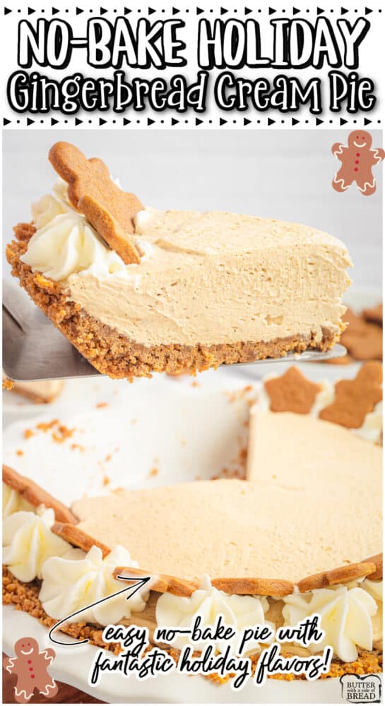 This holiday no-bake Gingerbread Cream Pie is made with a gingersnap crust & filled with a creamy blend of brown sugar, cream cheese, molasses, cinnamon, ginger & cloves!