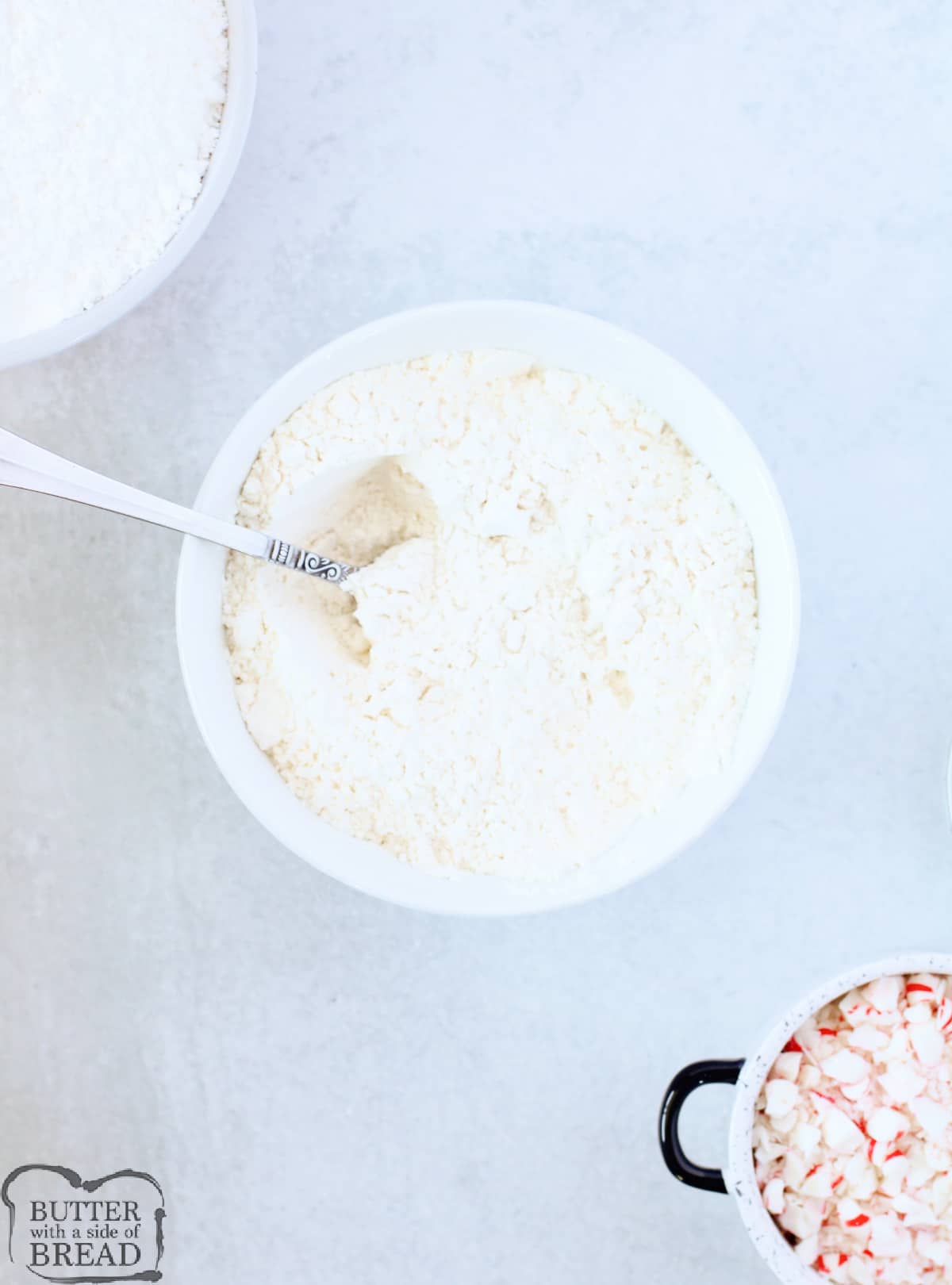 Flour, baking powder, and cornstarch.