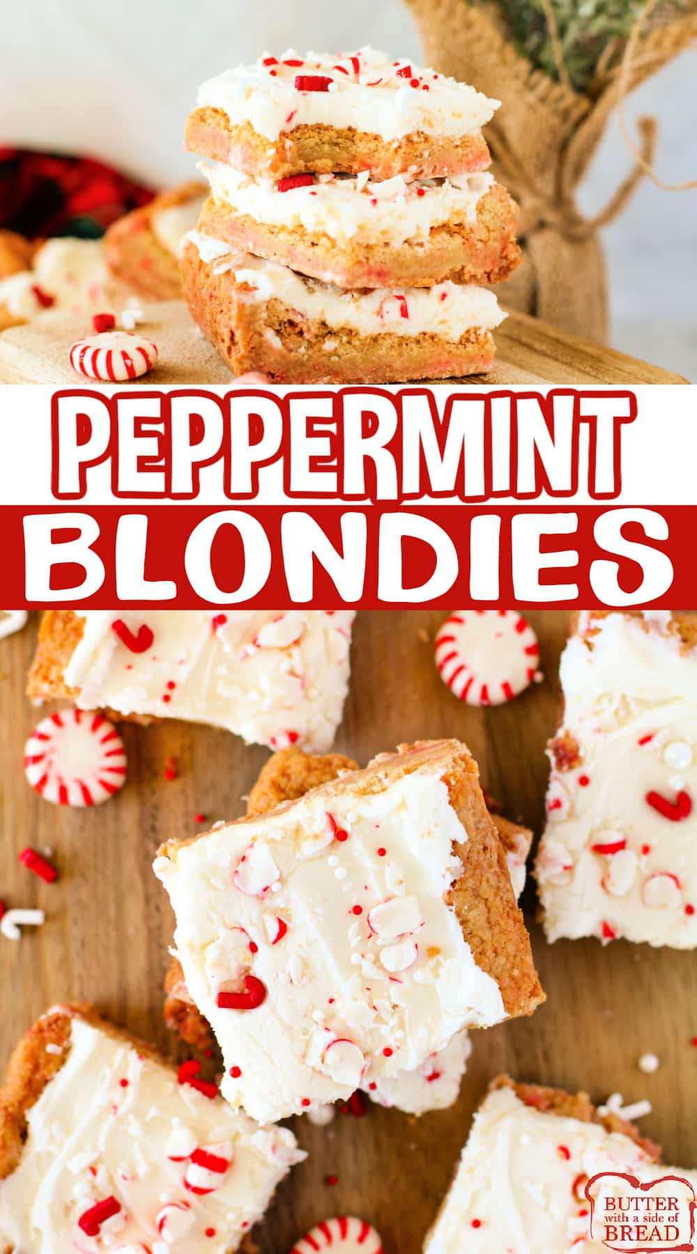 Peppermint Blondies are soft, chewy, and loaded with peppermint flavor! A delicious dessert that is perfect for the holidays.