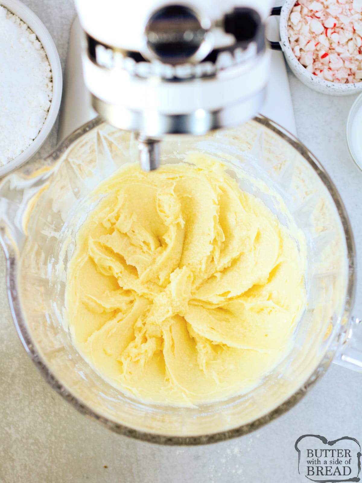 Butter, sugar, egg, and peppermint extract mixed together.