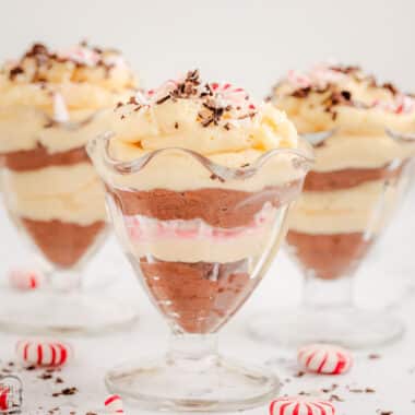 parfait cups with layers of white chocolate peppermint mousse and milk chocolate mousse