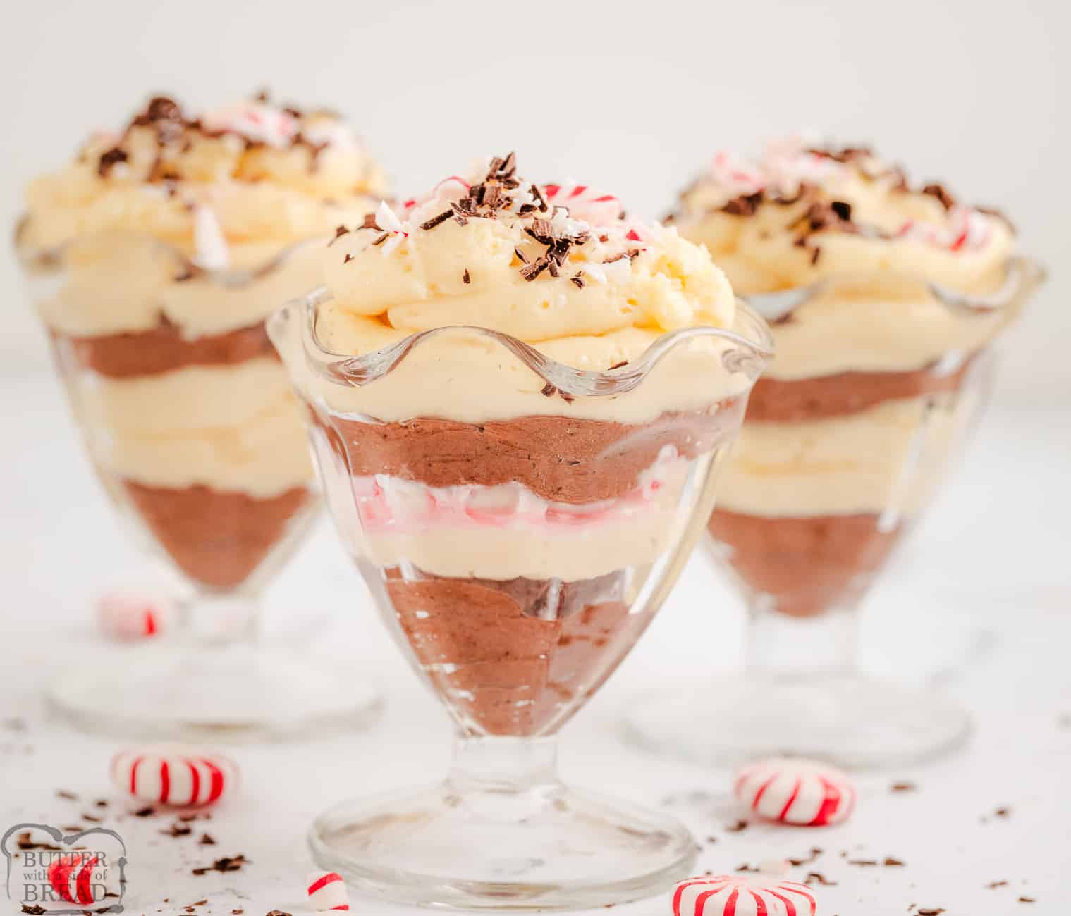 parfait cups with layers of white chocolate peppermint mousse and milk chocolate mousse