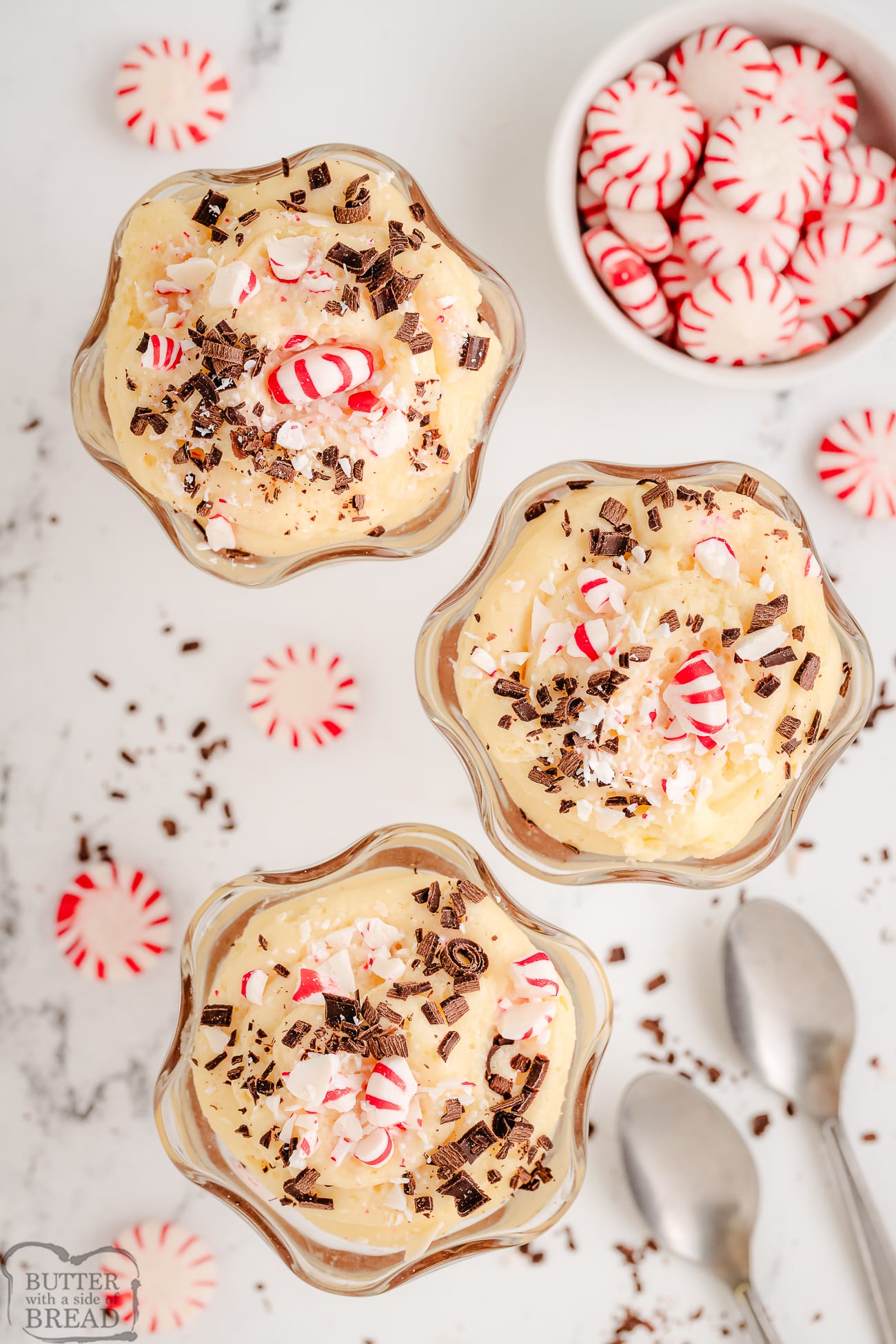 darling glass cups filled with layered peppermint mousse