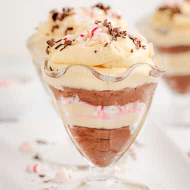 layered white chocolate peppermint and dark chocolate mousse cups