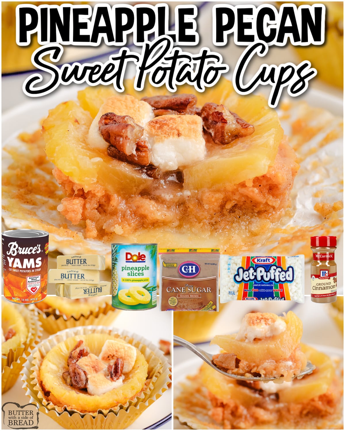 Pineapple Sweet Potato Cups are a tasty twist on a classic sweet potato casserole! Brown sugar sweet potatoes topped with a pineapple ring and butter pecans for the perfect Thanksgiving side dish!