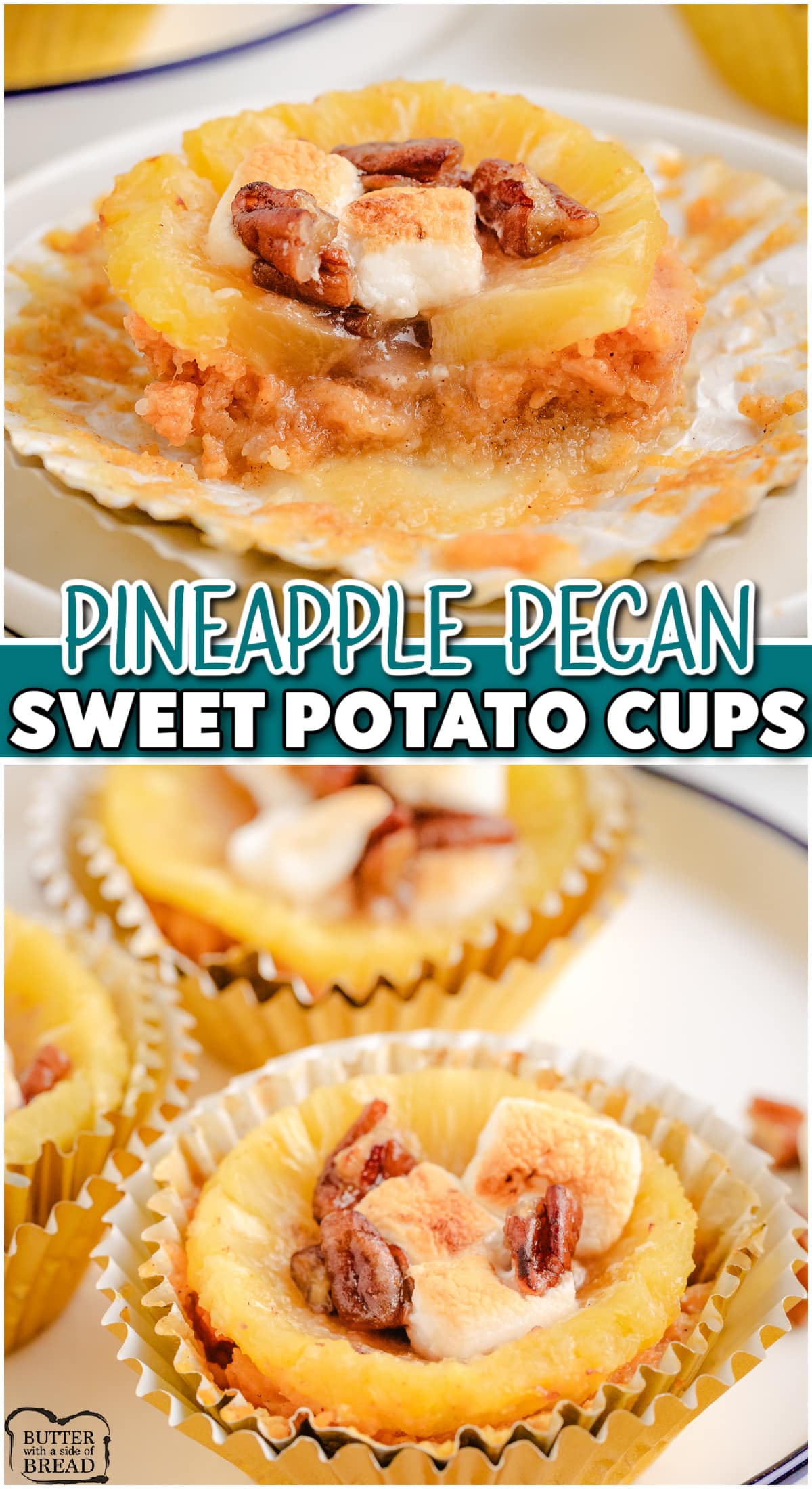 Pineapple Sweet Potato Cups are a tasty twist on a classic sweet potato casserole! Brown sugar sweet potatoes topped with a pineapple ring and butter pecans for the perfect Thanksgiving side dish!