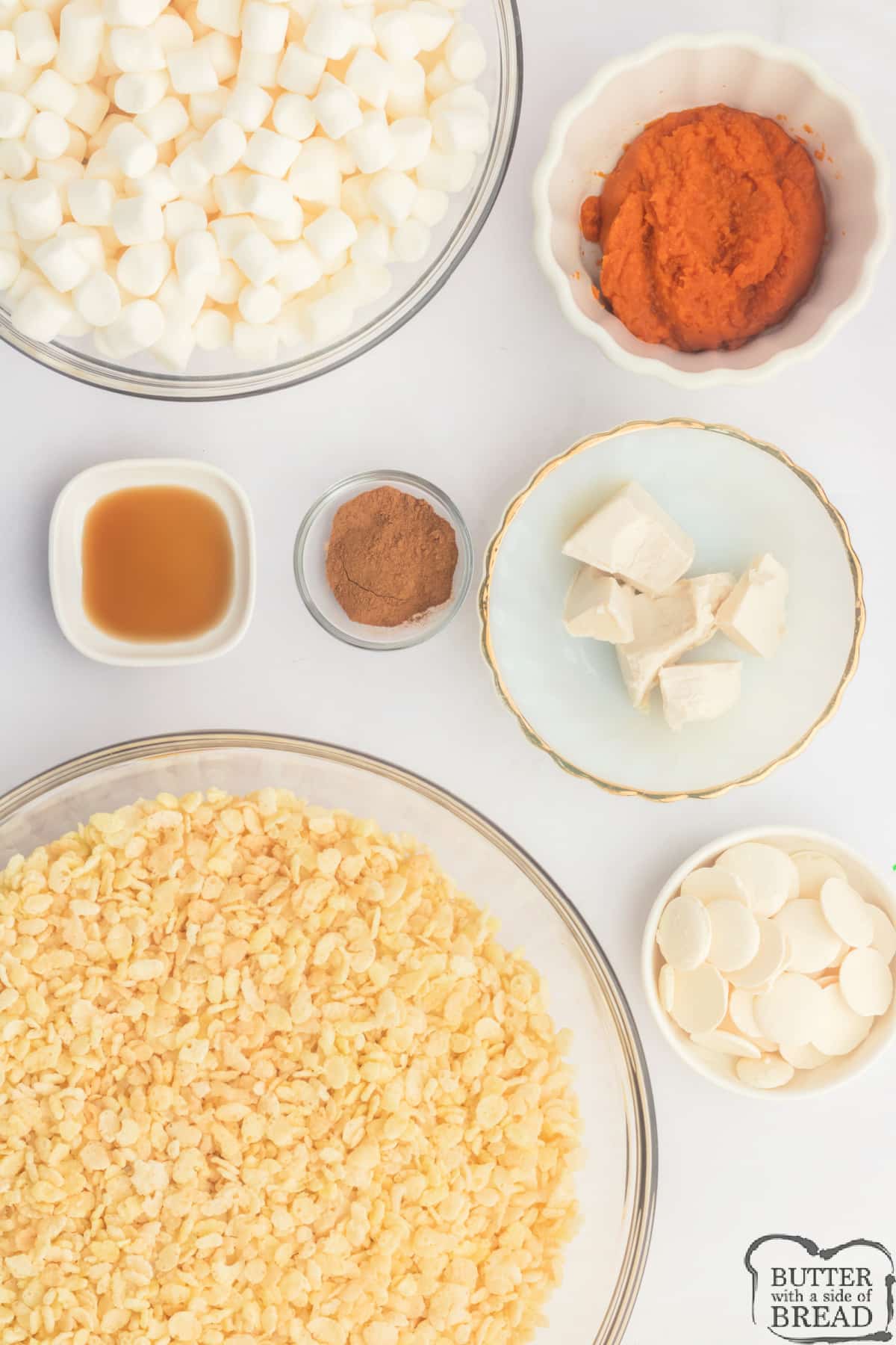 Ingredients in Pumpkin Spice Rice Krispie Treats.