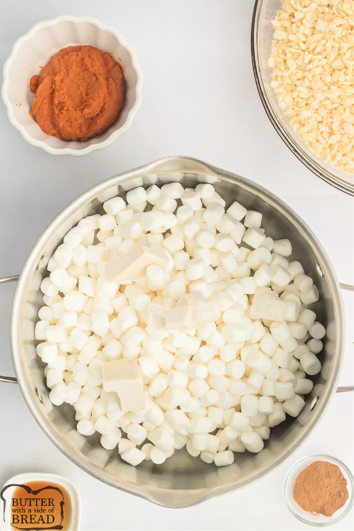 Melting butter and marshmallows together. 
