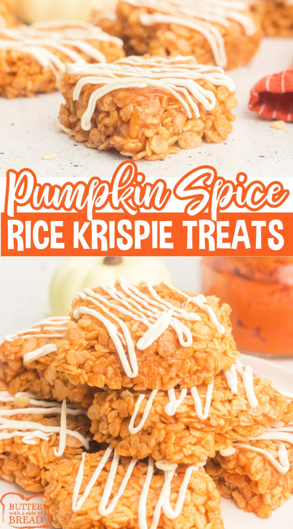 Pumpkin Spice Rice Krispie Treats are the perfect rice krispie treats for fall! Packed with pumpkin, this simple no-bake dessert is easy and delicious! 