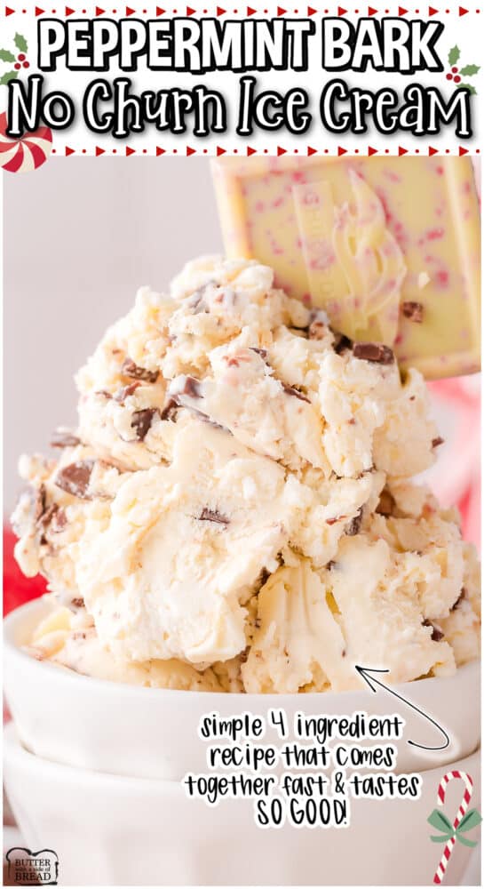 Peppermint Bark Ice Cream made in minutes with just 4 ingredients! Peppermint Bark chopped and combined with vanilla, sweetened condensed milk & heavy cream yields a creamy holiday ice cream with fantastic flavor!