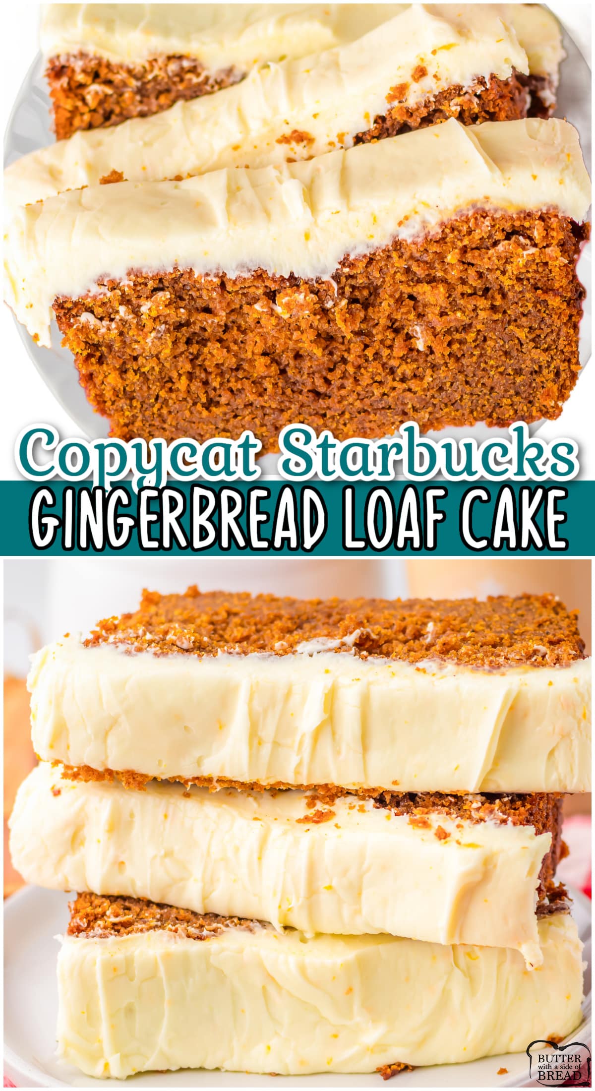 Copycat Starbucks Gingerbread Loaf spiced with ginger & molasses, then topped with a sweet cream cheese icing & a hint of orange. This lovely holiday gingerbread cake loaf is perfect for enjoying at home or gift giving!