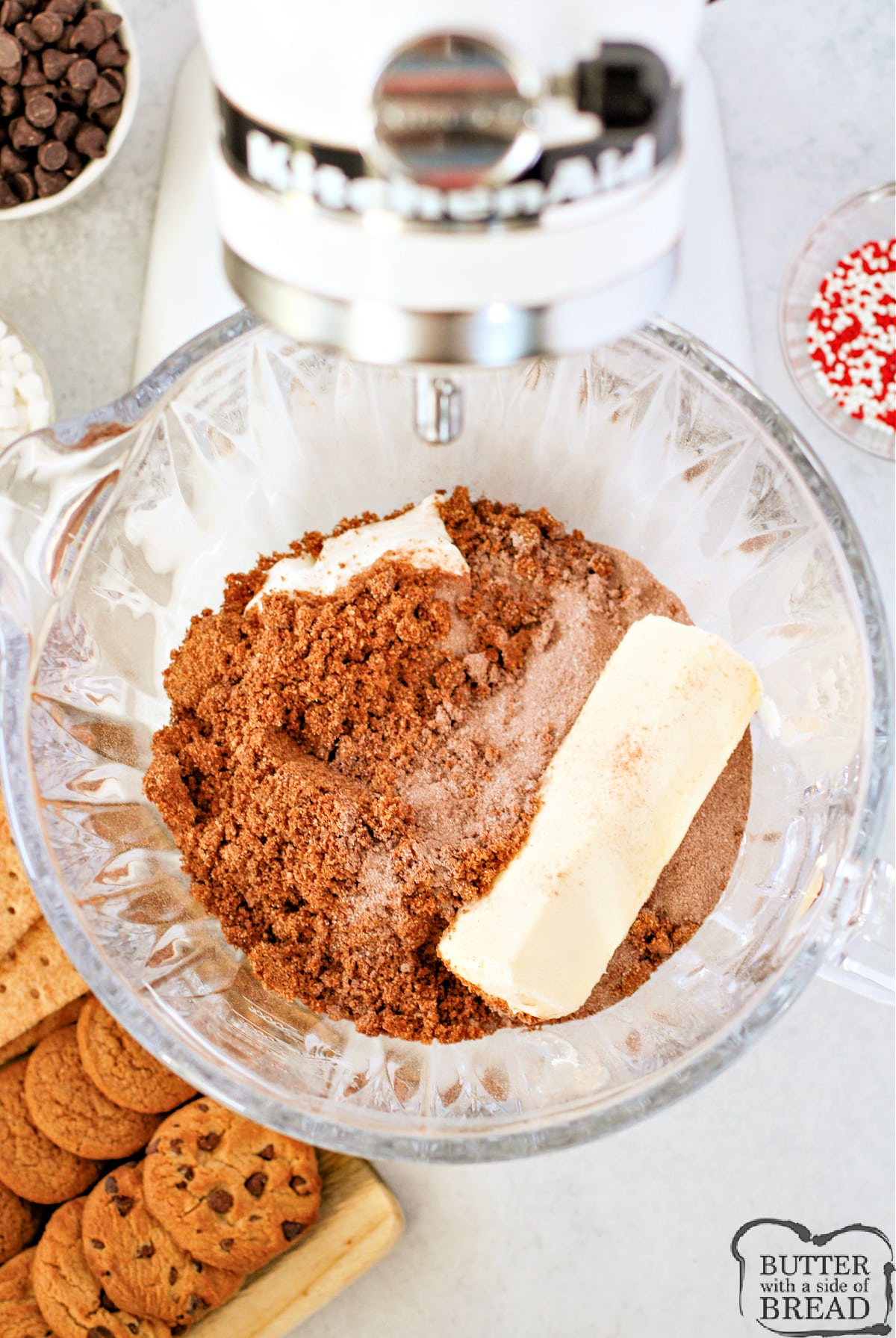 Mix butter, cream cheese, hot cocoa mix, and cookie crumbs.