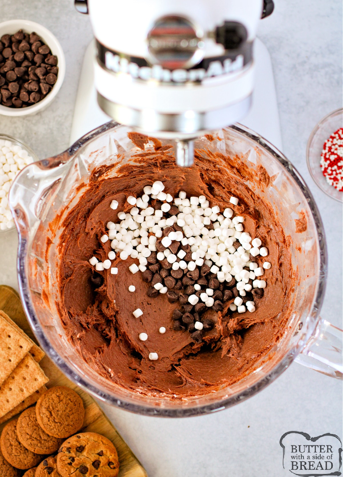 Fold in dehydrated marshmallows and chocolate chips.