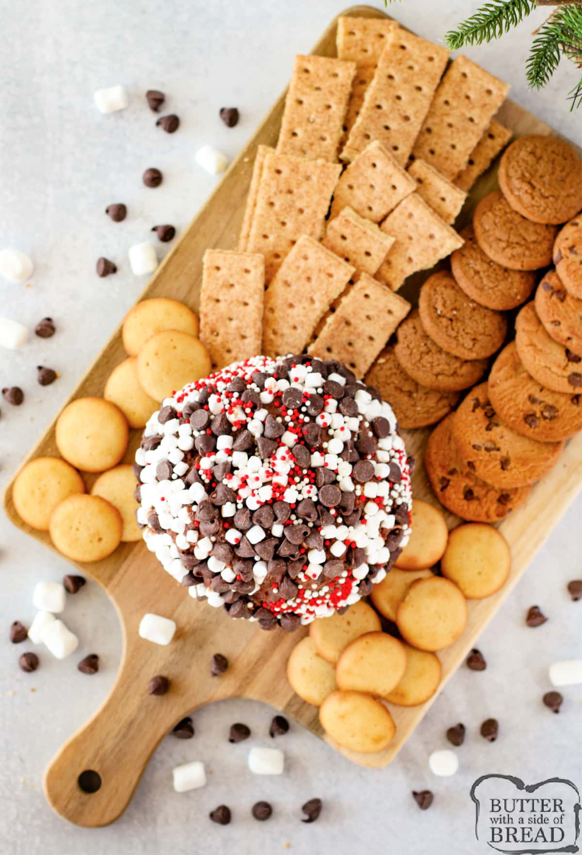 Dessert cheeseball made with hot cocoa mix and cream cheese.