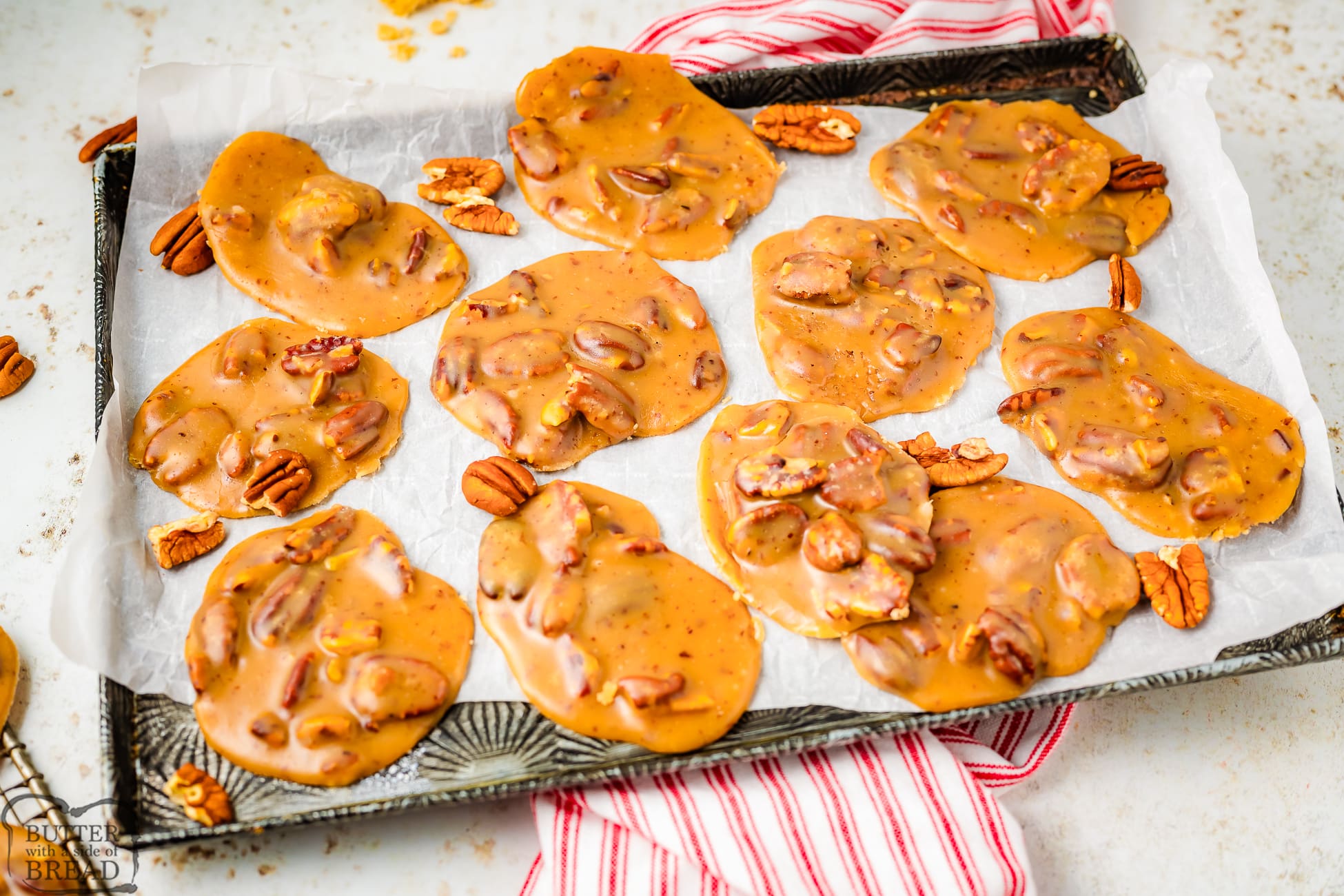 pecan praline candy on a baking sheet