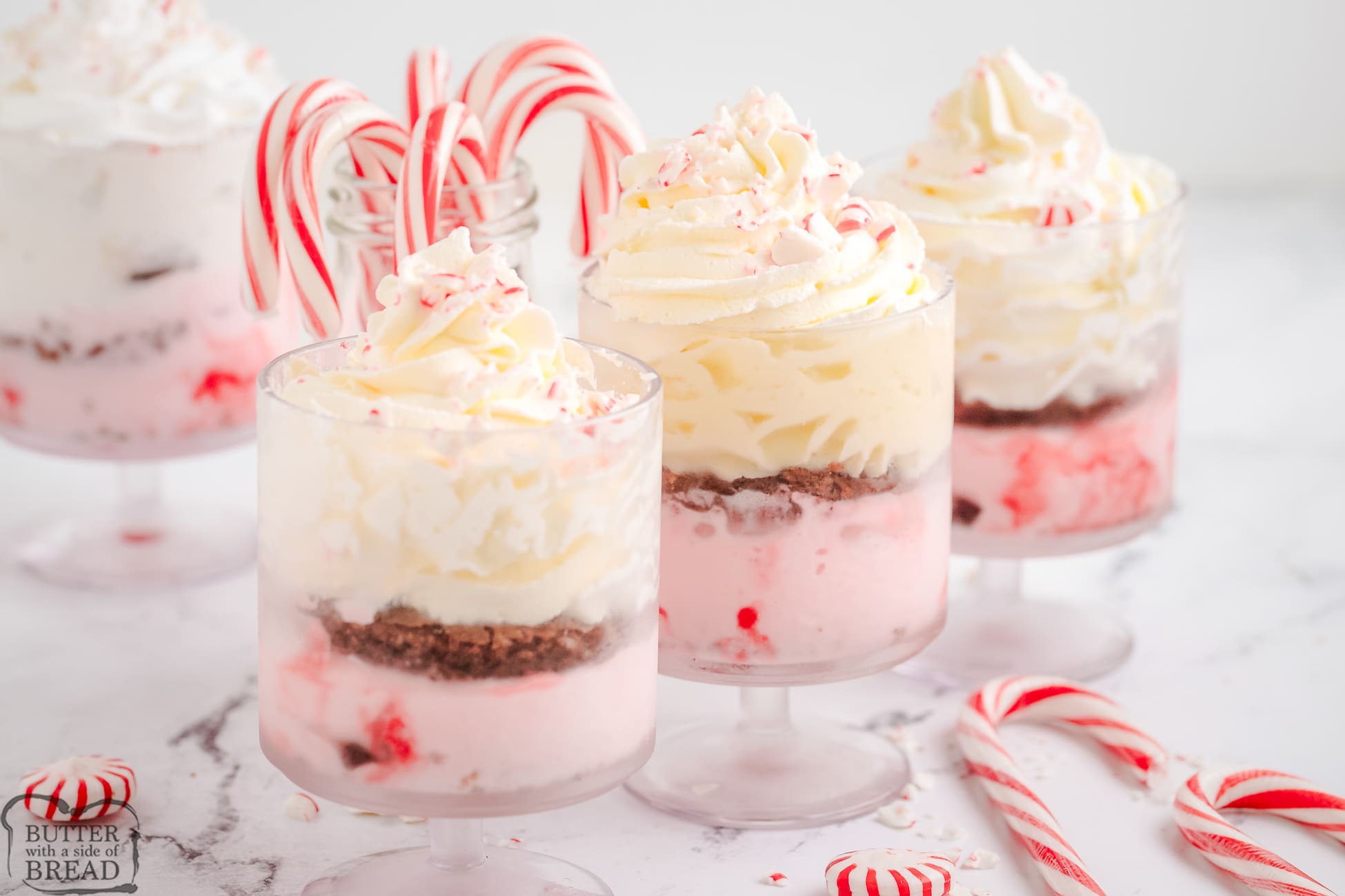 row of brownie peppermint parfaits