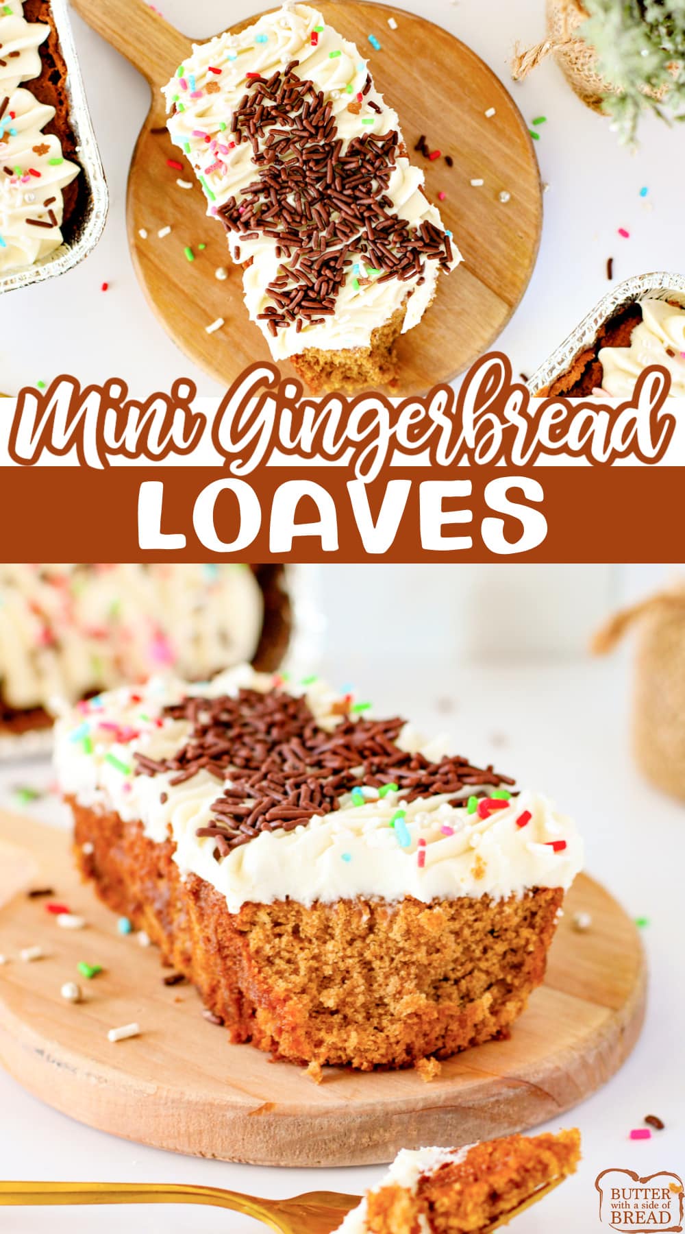 Mini Gingerbread Loaves made completely from scratch with molasses and tons of spices! These mini loaves are frosted and decorated, making them the perfect gift for friends and family.