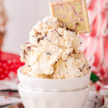 peppermint bark ice cream in a white bowl