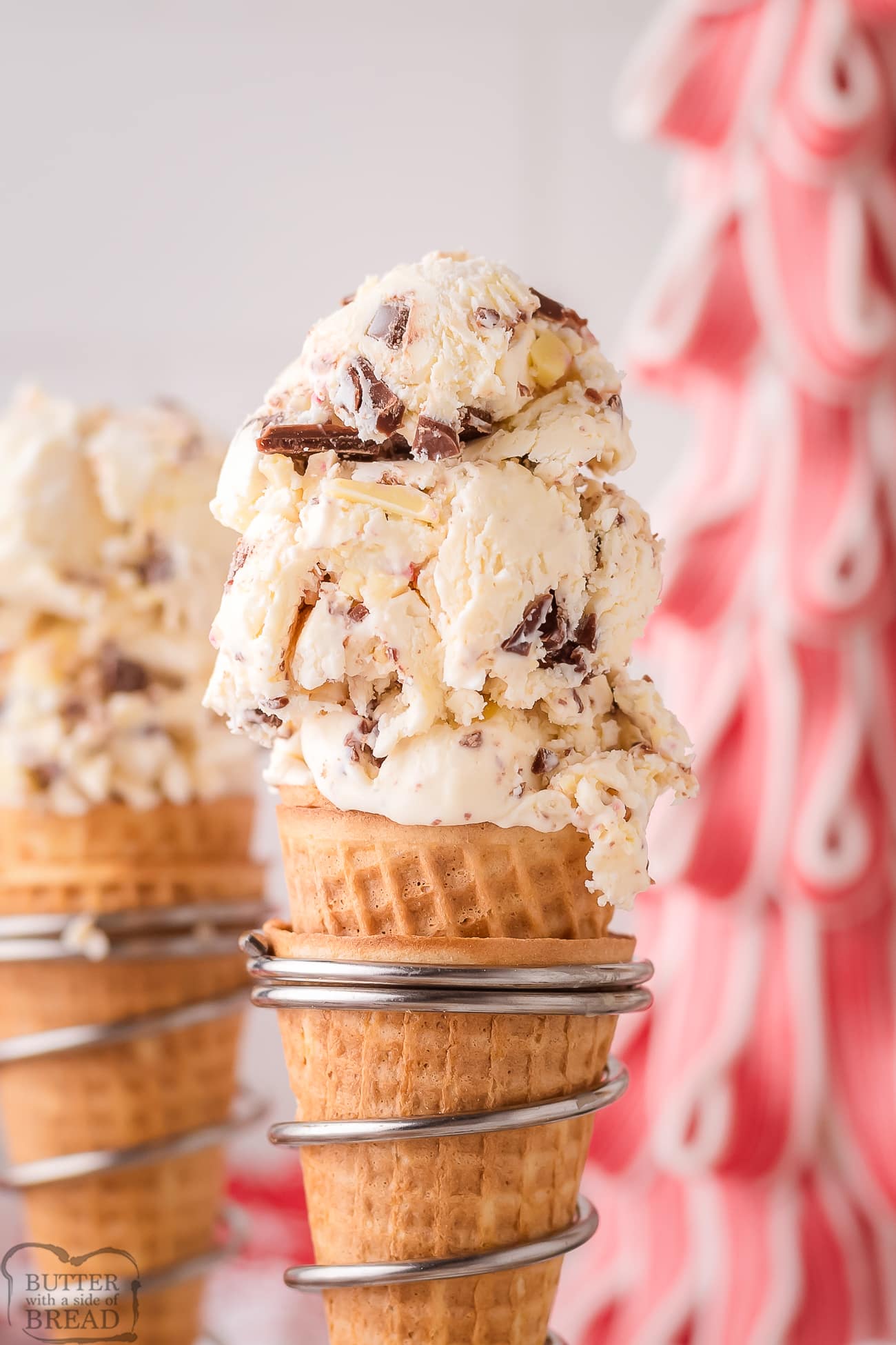 peppermint bark ice cream in a sugar cone