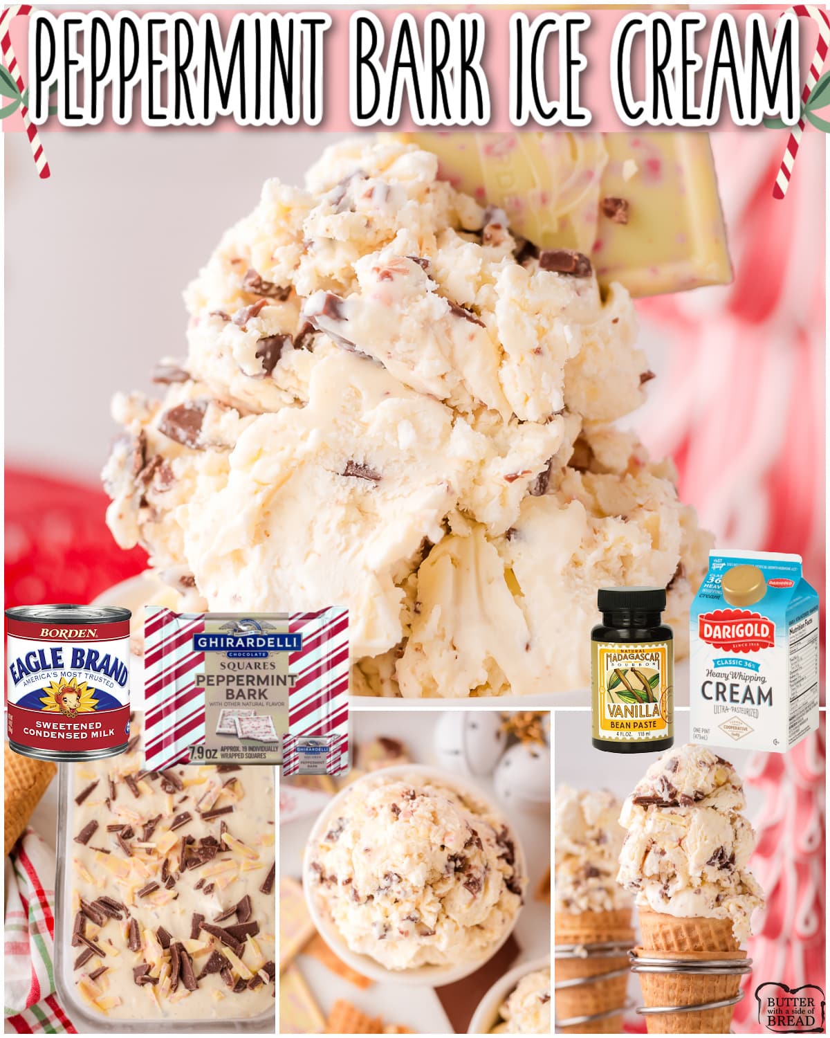 Peppermint Bark Ice Cream made in minutes with just 4 ingredients! Peppermint Bark chopped and combined with vanilla, sweetened condensed milk & heavy cream yields a creamy holiday ice cream with fantastic flavor!