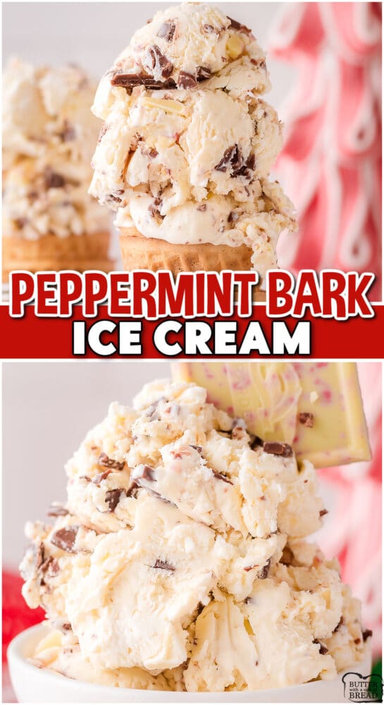Peppermint Bark Ice Cream made in minutes with just 4 ingredients! Peppermint Bark chopped and combined with vanilla, sweetened condensed milk & heavy cream yields a creamy holiday ice cream with fantastic flavor!
