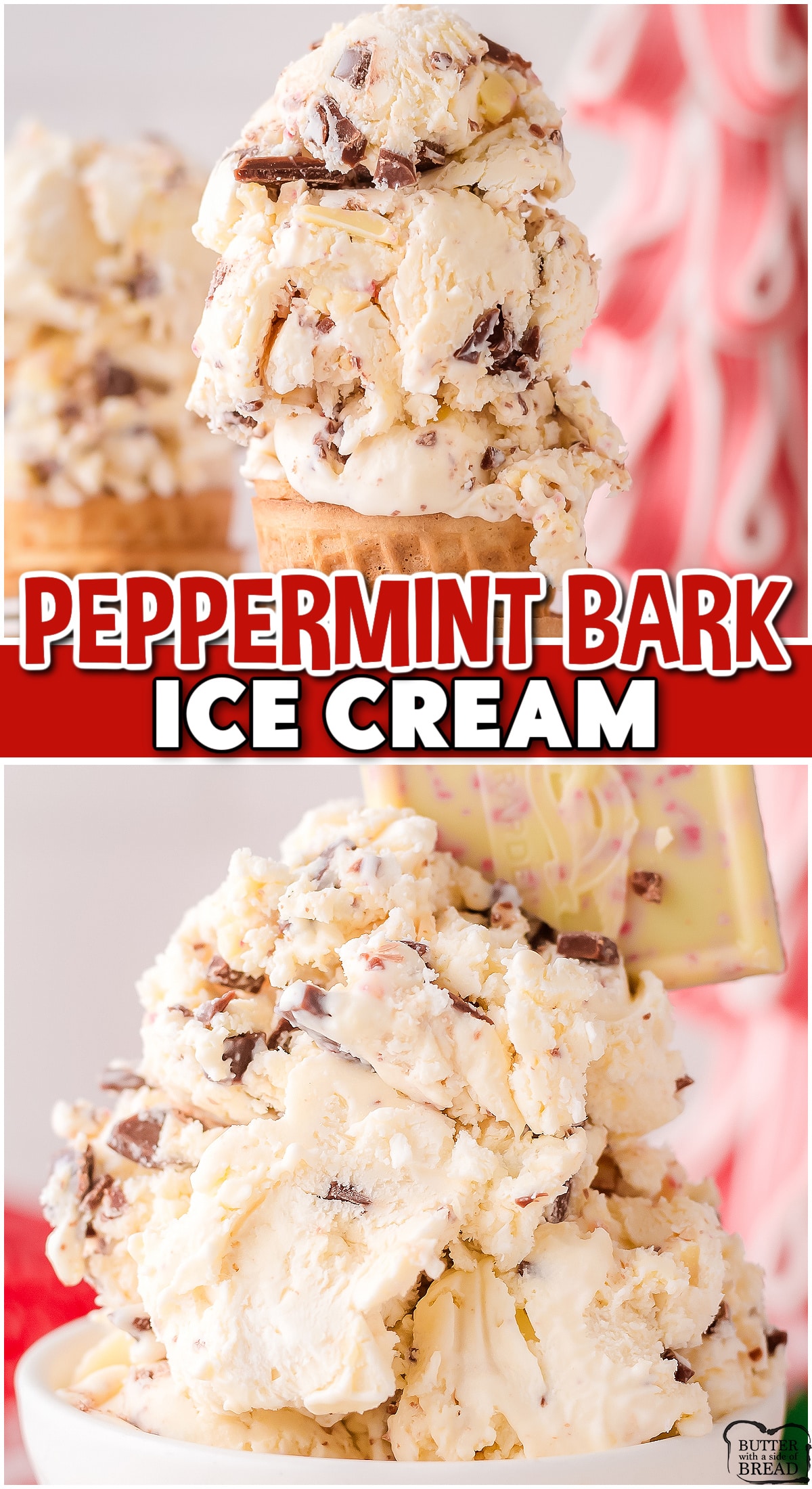 Peppermint Bark Ice Cream made in minutes with just 4 ingredients! Peppermint Bark chopped and combined with vanilla, sweetened condensed milk & heavy cream yields a creamy holiday ice cream with fantastic flavor!
