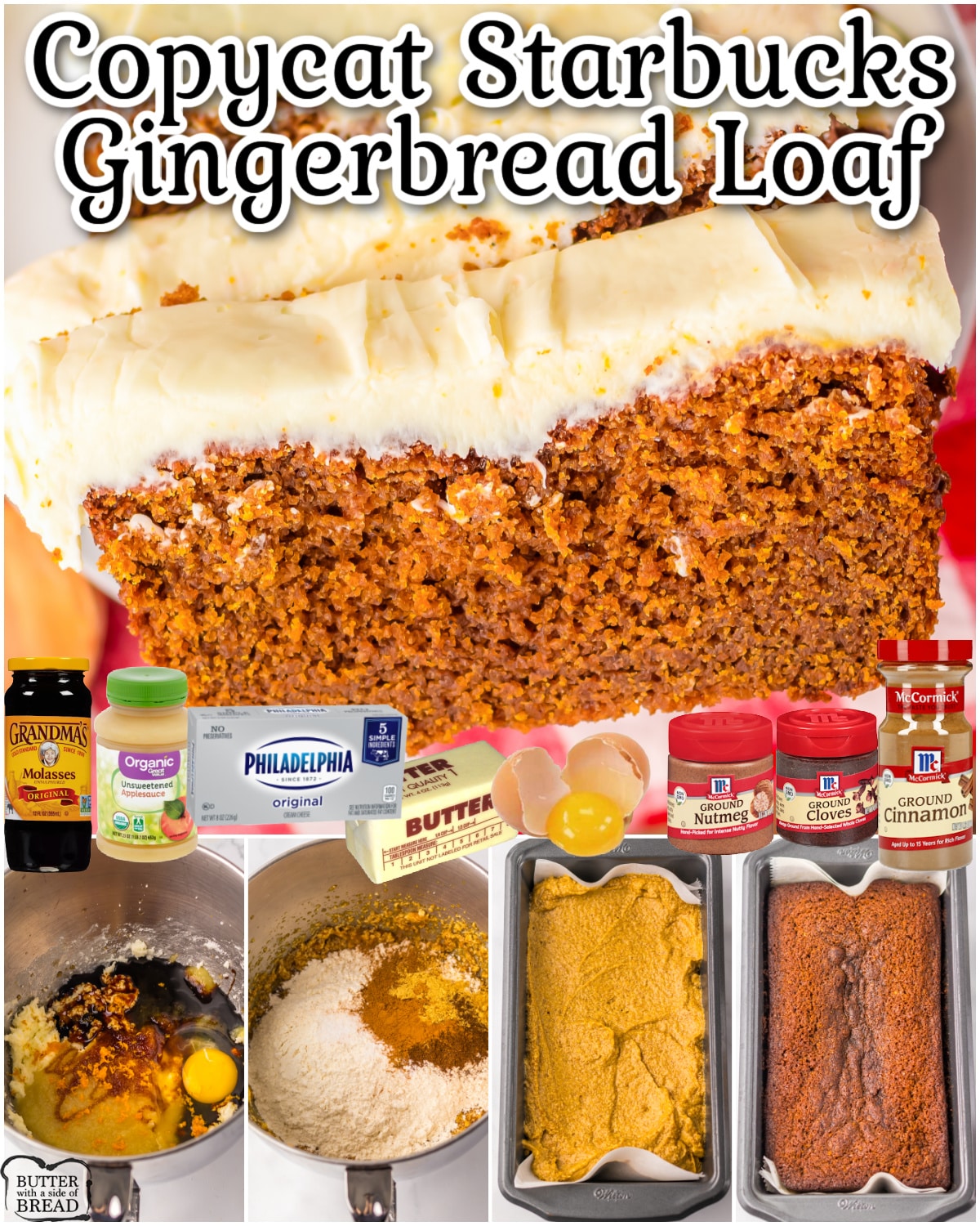 Copycat Starbucks Gingerbread Loaf spiced with ginger & molasses, then topped with a sweet cream cheese icing & a hint of orange. This lovely holiday gingerbread cake loaf is perfect for enjoying at home or gift giving!