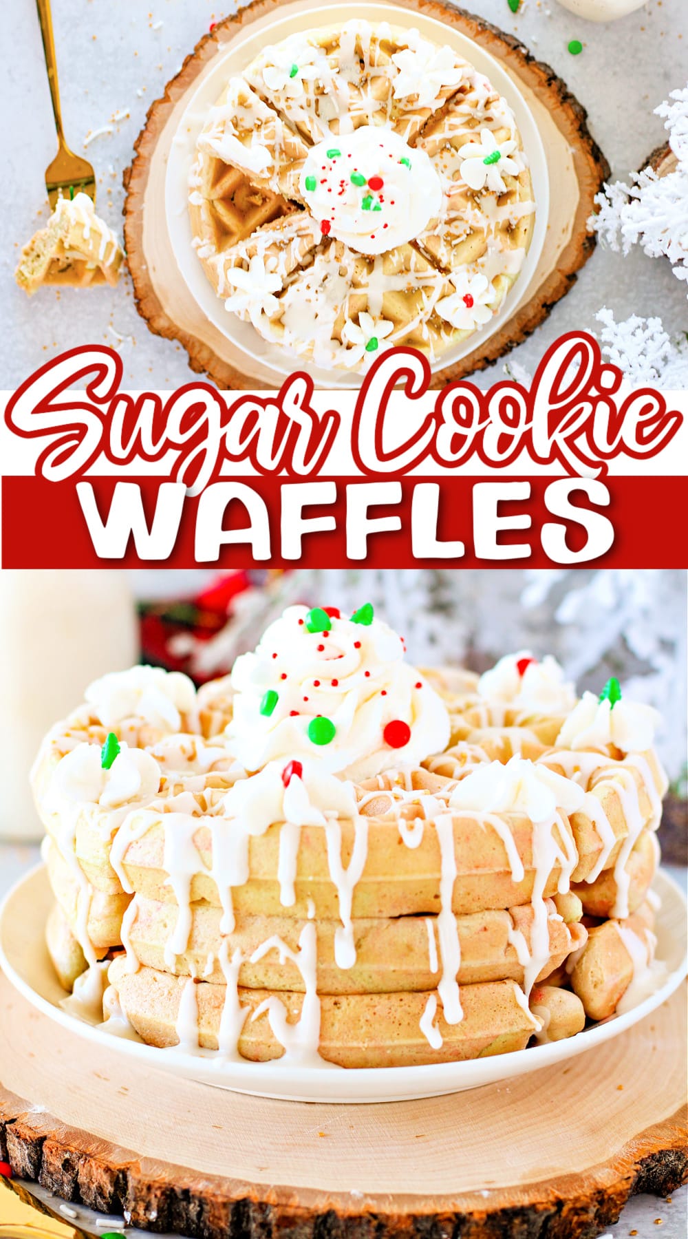 Sugar Cookie Waffles are made from scratch with sugar cookie coffee creamer. Add sprinkles to make festive waffles that are perfect for Christmas morning!