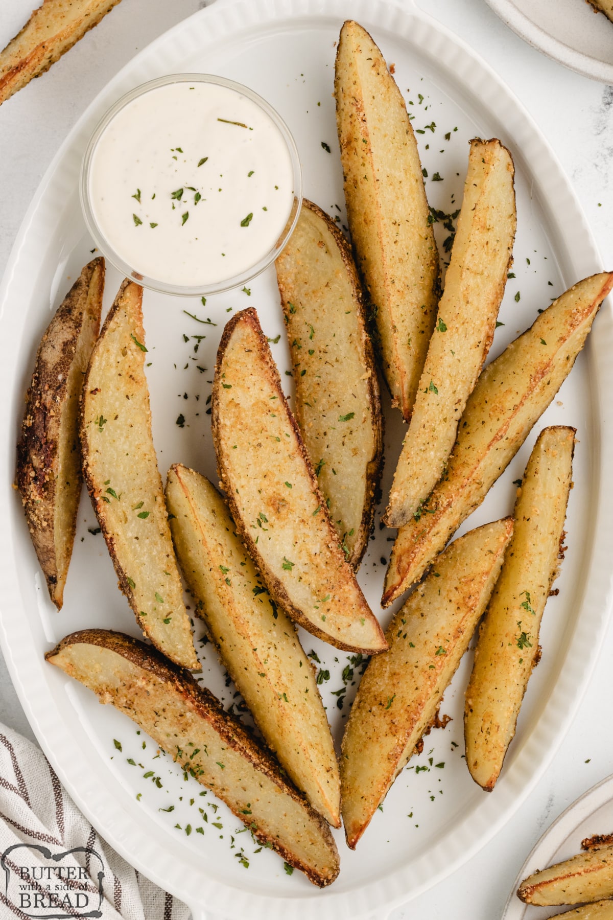 Roasted potato wedges.