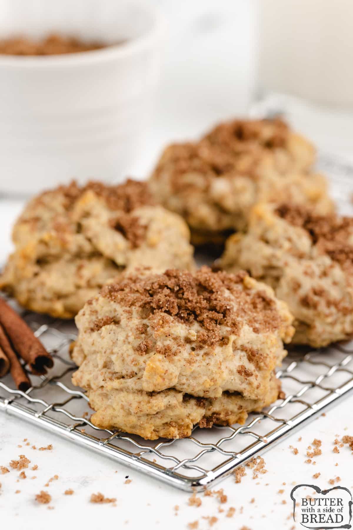 Brown Sugar Drop Biscuits are made with apple juice and then topped with a crumbly brown sugar topping. These slightly sweet biscuits are soft, fluffy, and delicious!