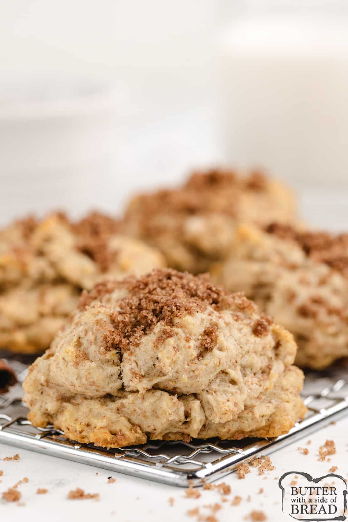 Brown Sugar Drop Biscuits are made with apple juice and then topped with a crumbly brown sugar topping. These slightly sweet biscuits are soft, fluffy, and delicious!