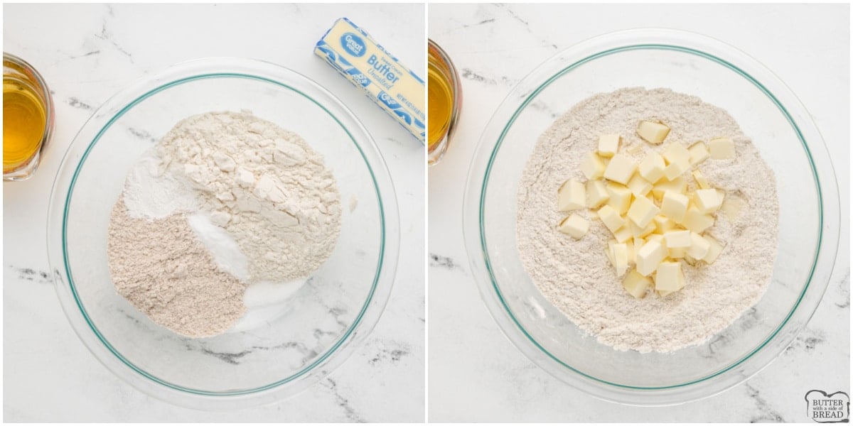 Mixing dry ingredients with butter to make biscuit dough. 