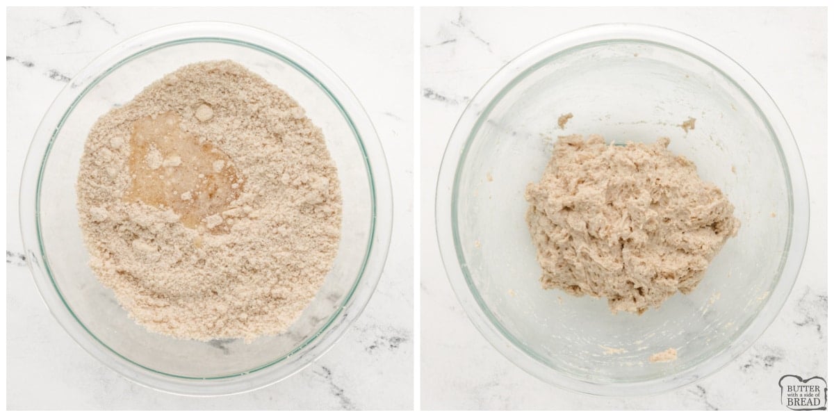 Adding apple juice to biscuit dough.