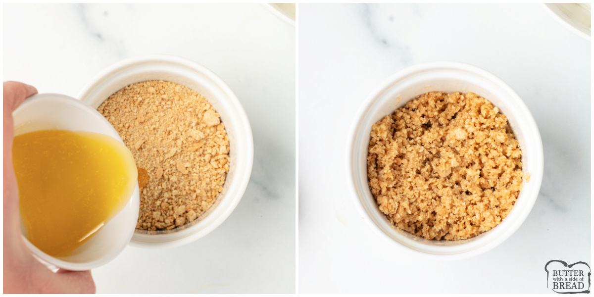Mixing graham cracker crumbs with melted butter. 