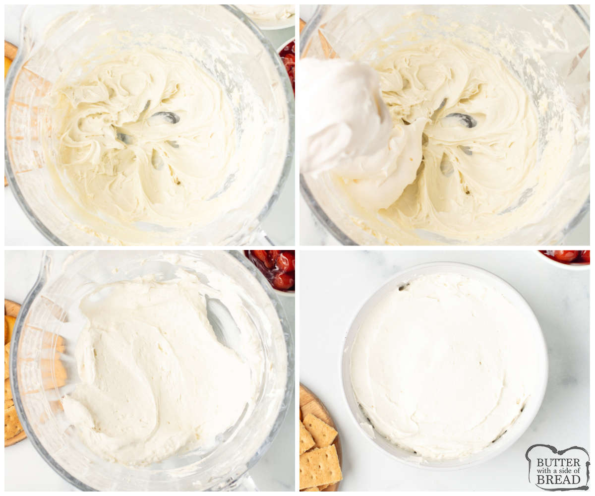 Mixing cream cheese, powdered sugar, and Cool Whip. 