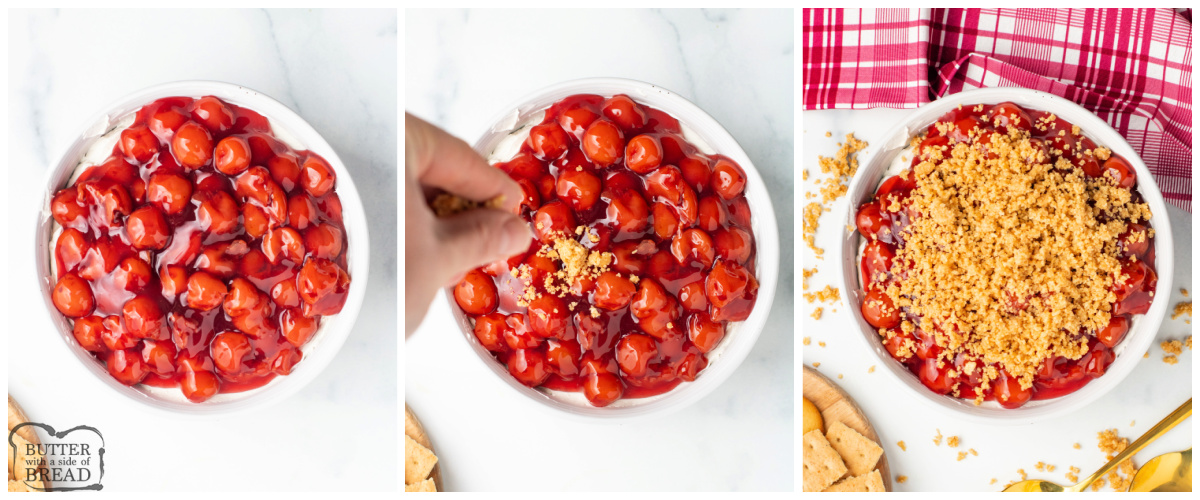 Put cherry pie filling and graham cracker crumbs on top of the cheesecake dip.