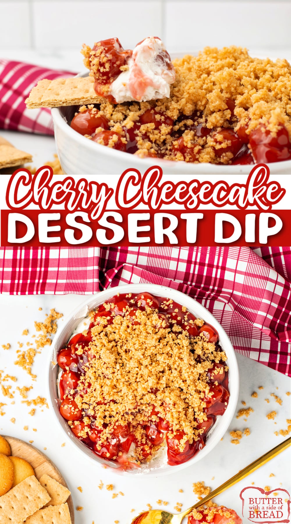 Cherry Cheesecake Dip is made with cream cheese, cherry pie filling, and graham cracker crumbs in less than 10 minutes! Delicious easy dessert dip recipe that tastes just like cheesecake!