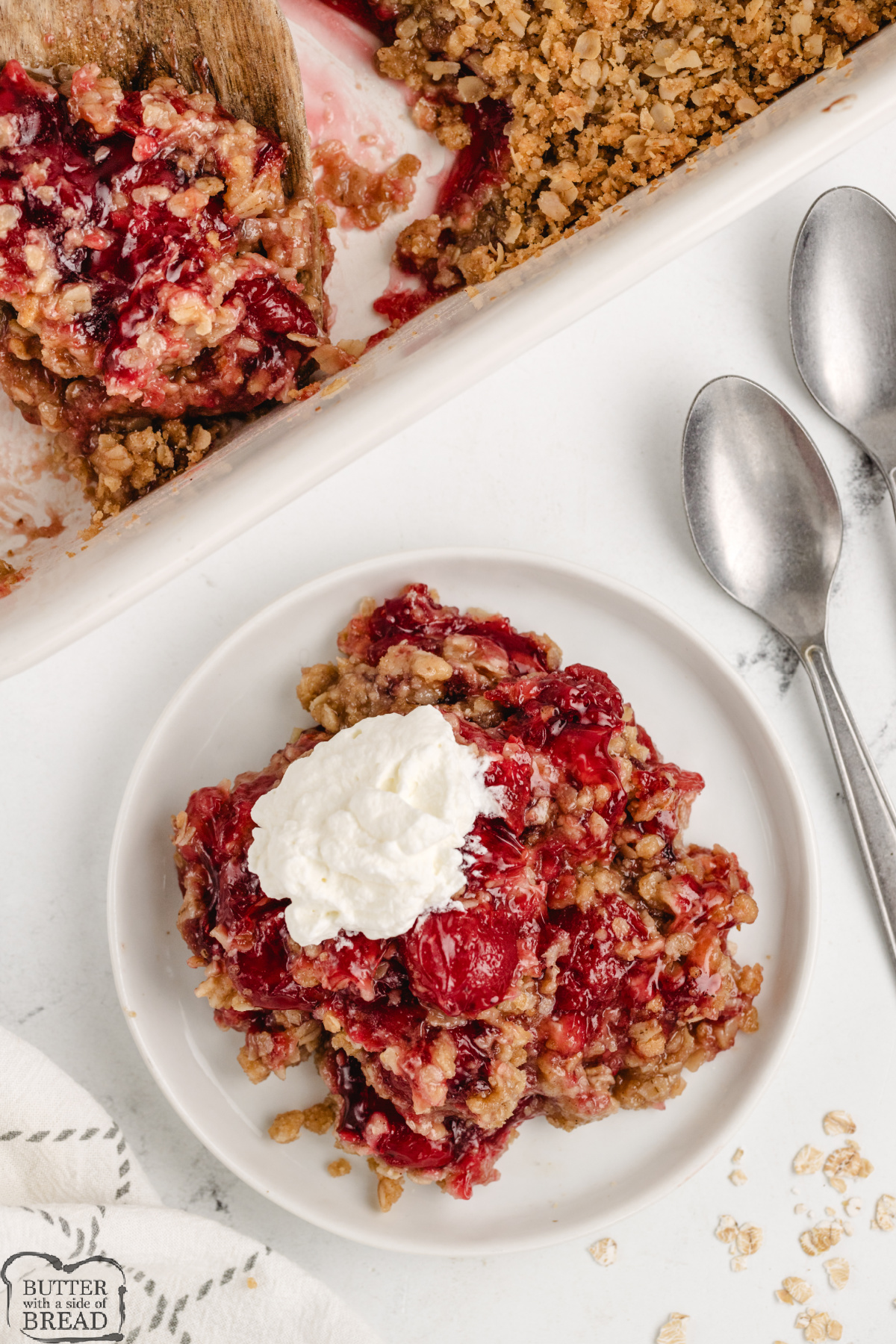Cherry Crisp is made with cherry pie filling, oats, brown sugar, cinnamon, and a few other simple ingredients. This delicious cherry dessert is best served warm with whipped cream or vanilla ice cream...or both!