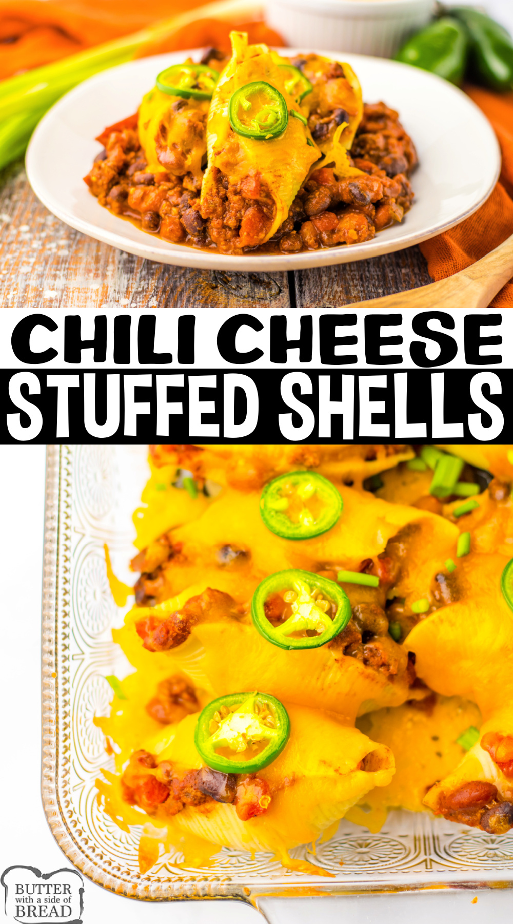 Chili Cheese Stuffed Shells are made with canned chili, ground beef, and lots of veggies. A quick, easy, weeknight meal that is ready in less than 30 minutes!