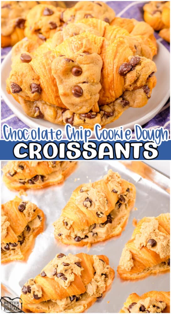 TikTok Viral Cookie Dough Croissants made with just 2 ingredients! Buttery croissants & pre-made cookie dough baked together to yield toasty croissants with soft, gooey chocolate chip cookies inside!