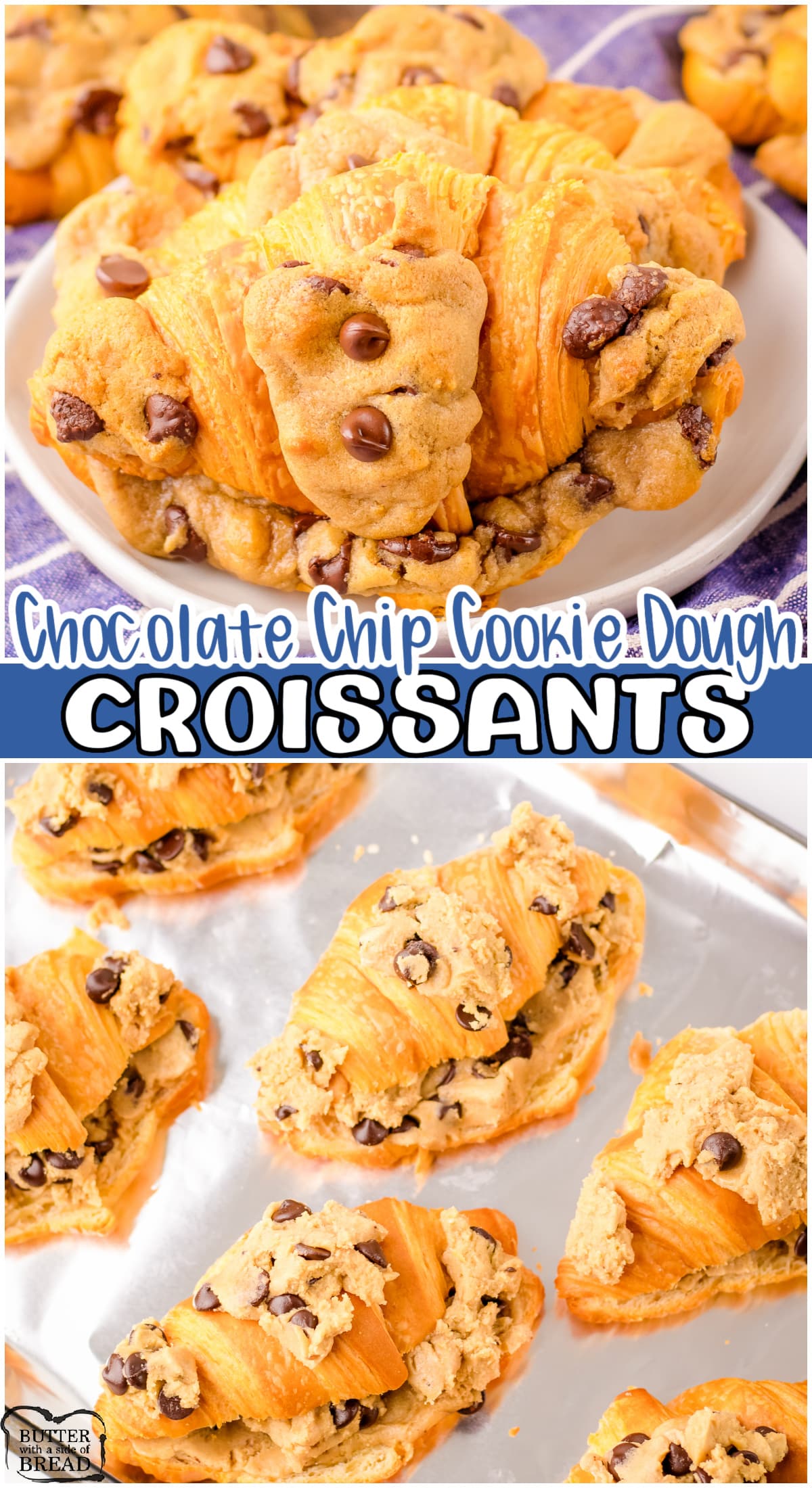 TikTok Viral Cookie Dough Croissants made with just 2 ingredients! Buttery croissants & pre-made cookie dough baked together to yield toasty croissants with soft, gooey chocolate chip cookies inside!