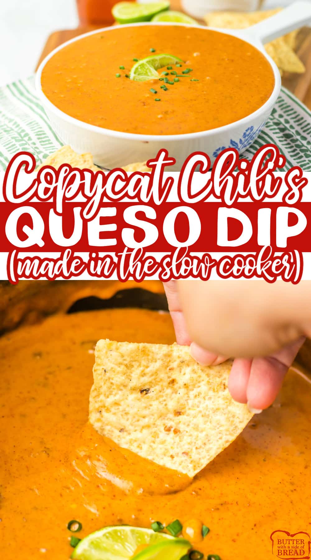 Copycat Chili's Queso Dip is so easy to make in the slow cooker! This simple chip dip is made with Velveeta cheese, canned chili, a few simple spices, and a splash of lime.