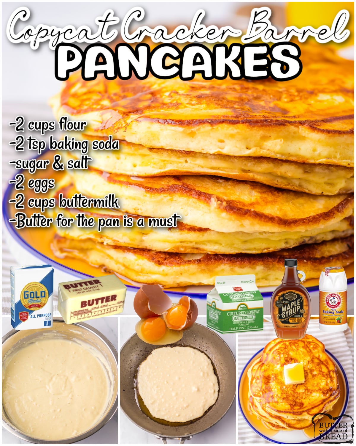 Copycat Cracker Barrel Pancakes that taste just like the real thing! Buttermilk pancake mix cooked up in a hot buttered skillet for the perfect breakfast!