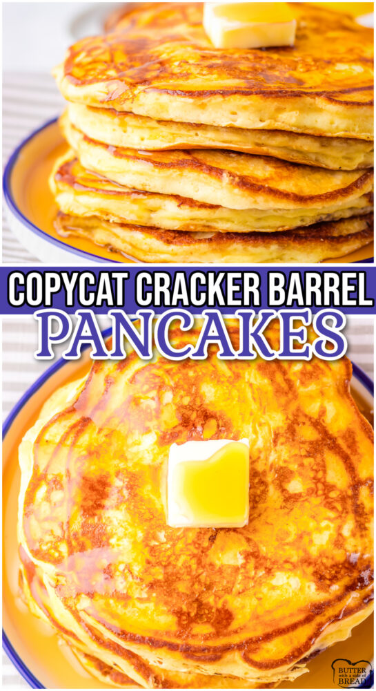 Copycat Cracker Barrel Pancakes that taste just like the real thing! Buttermilk pancake mix cooked up in a hot buttered skillet for the perfect breakfast!