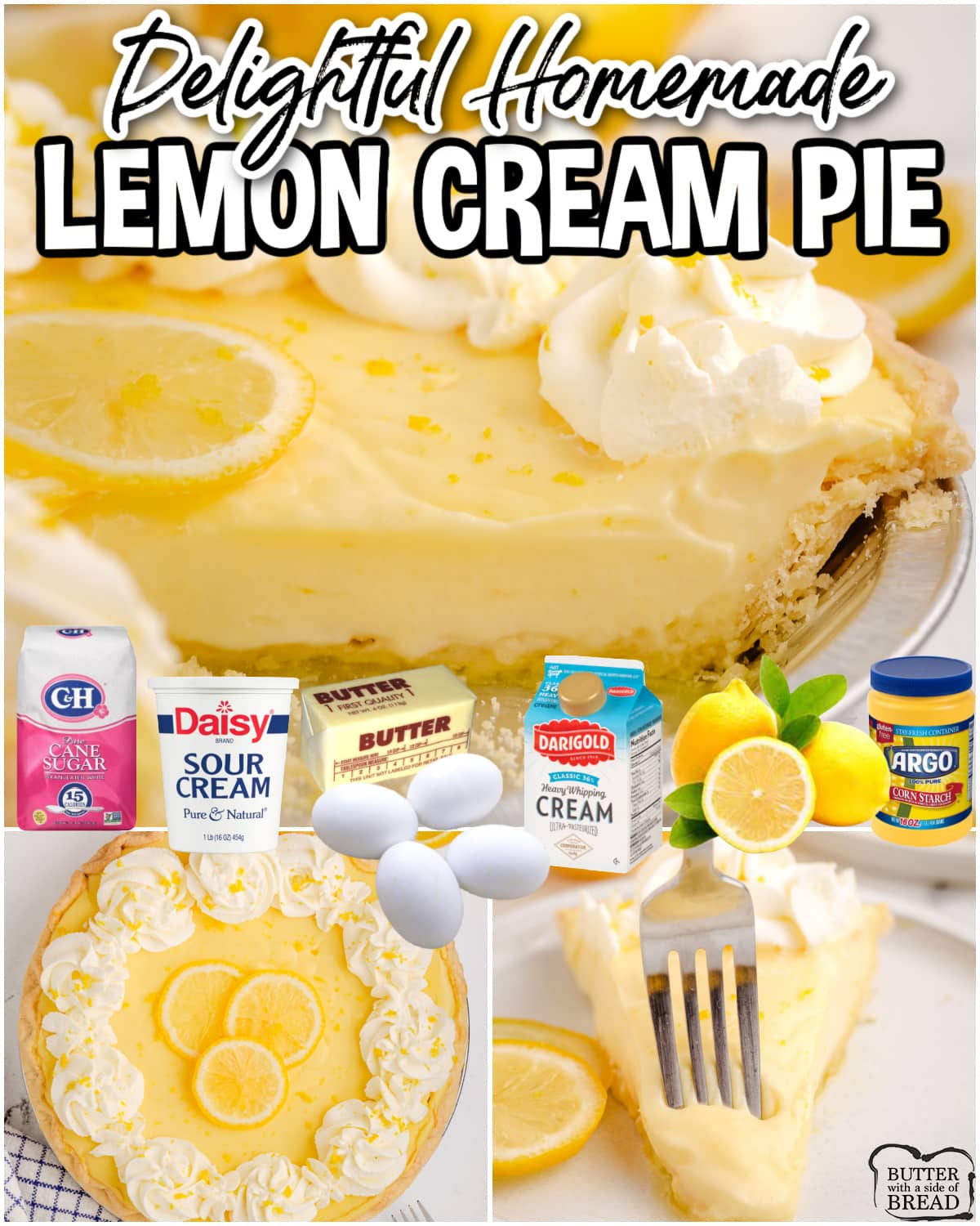 Delightful sweet & tart Homemade Lemon Cream Pie made from scratch with fresh lemons, cream, butter, & egg yolks. An easy lemon custard is combined with whipped cream for the best lemon pie you'll ever eat!