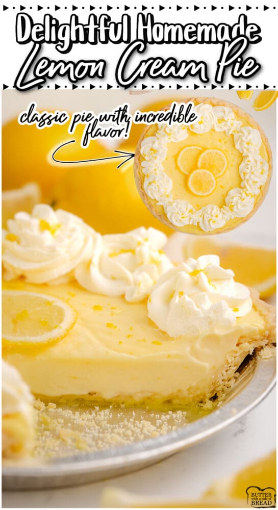 Delightful sweet & tart Homemade Lemon Cream Pie made from scratch with fresh lemons, cream, butter, & egg yolks. An easy lemon custard is combined with whipped cream for the best lemon pie you'll ever eat!