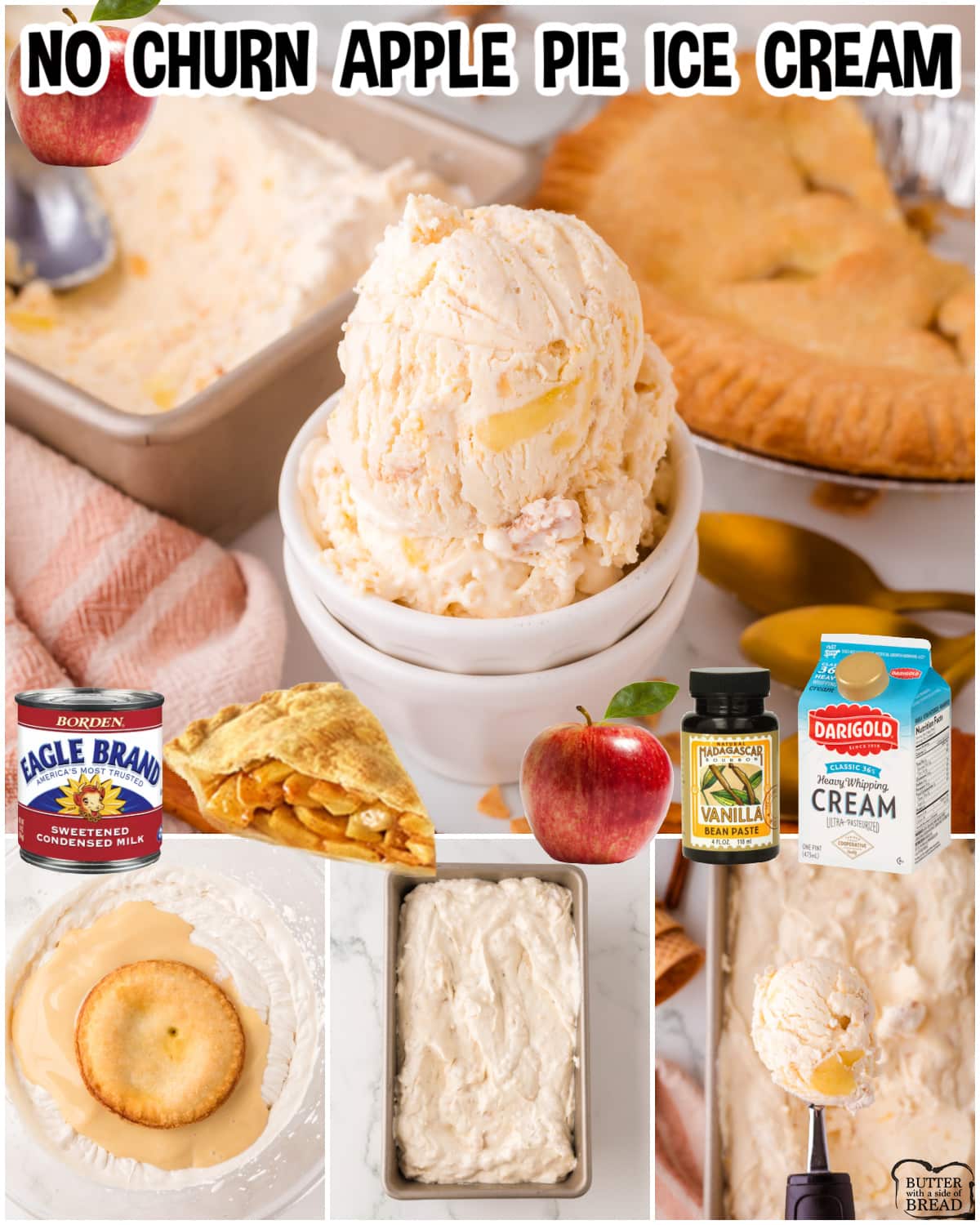 Apple Pie Ice Cream made with just 4 ingredients for a simple, creamy, no-churn ice cream with fantastic flavor. The perfect dessert for apple pie lovers!